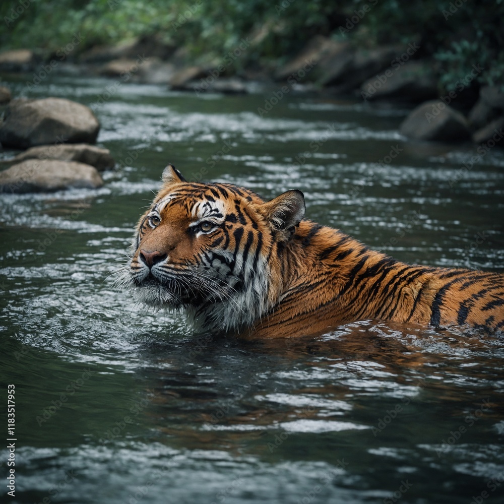 A tiger cooling off in a shallow river, with small fish swimming around it. A tiger cooling off in a shallow river, with small fish swimming around it.
