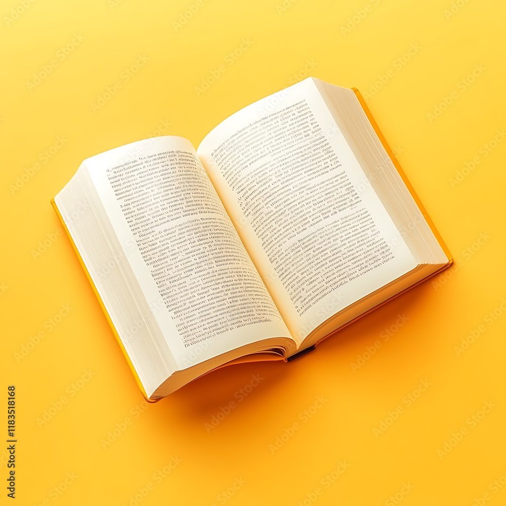 Fototapeta premium Open book, yellow background, reading, education, study