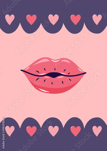 Valentine's Day Card with Kissing lips and hearts. Simple cute greeting card. Vector illustration.