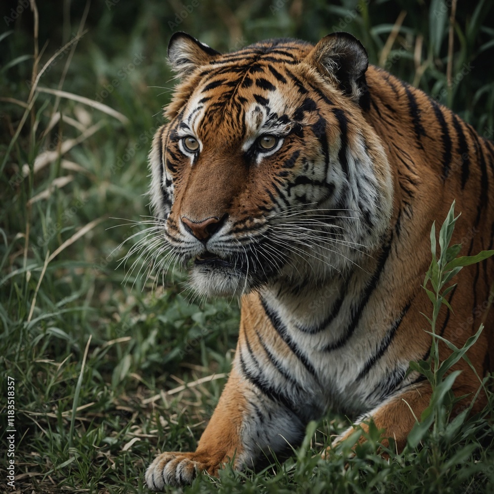 A tiger crouched low, preparing to pounce on its unsuspecting prey. A tiger crouched low, preparing to pounce on its unsuspecting prey.