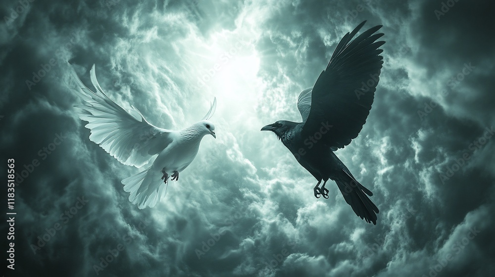 Fototapeta premium Dualism: Dove and Raven in a Stormy Sky