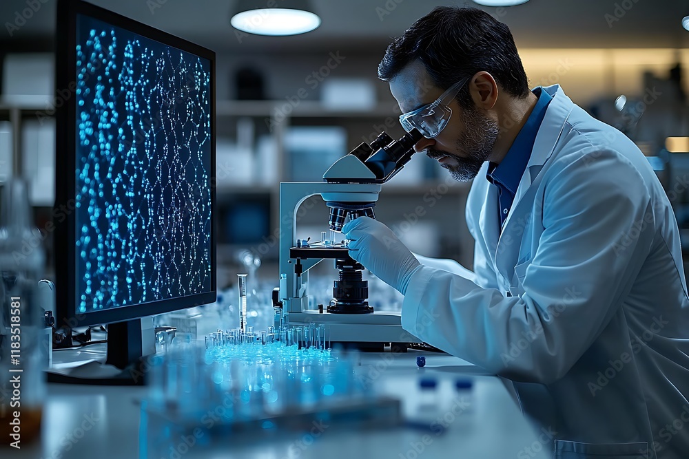 Focused scientist conducting genetic research in a modern laboratory setting at night
