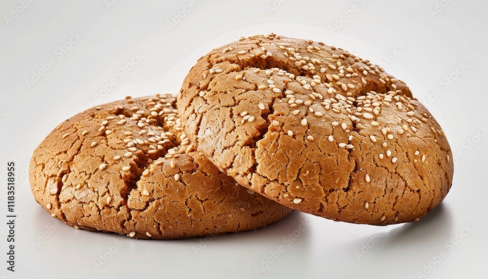 Two freshly baked sesame seed cookies, isolated on a white background. Two freshly baked sesame seed cookies, isolated on a white background.