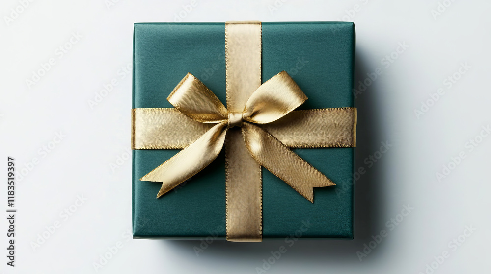 A green gift box wrapped in a luxurious gold ribbon rests against a white background. The vibrant colors and elegant design make it ideal for festive or celebratory themes. A green gift box wrapped in a luxurious gold ribbon rests against a white background. The vibrant colors and elegant design make it ideal for festive or celebratory themes.