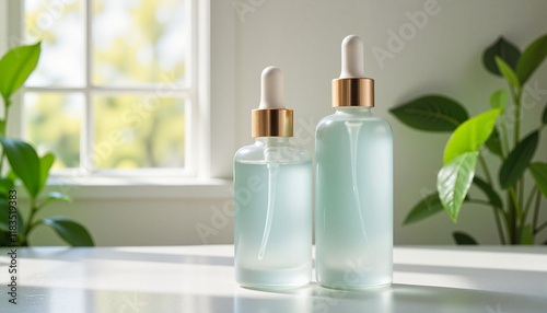 Elegant anti-pollution skincare serum bottles by window, nature-inspired