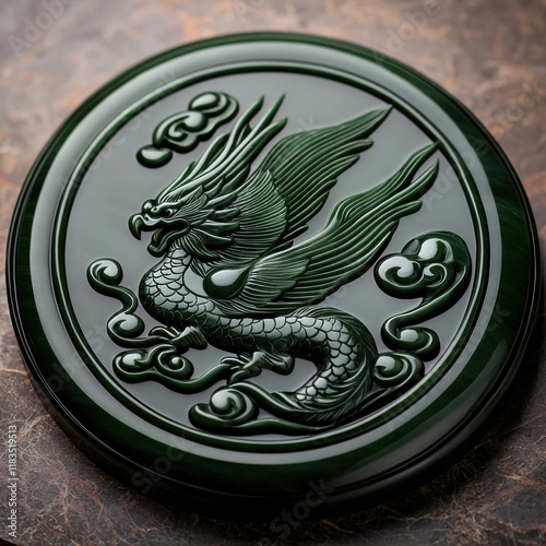 Detailed Jade Carving of a Phoenix with Intricate Designs and Elegant Features photo