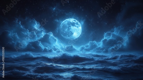 Full moon over a stormy sea at night.