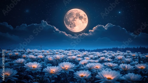 Full moon over field of white flowers at night.