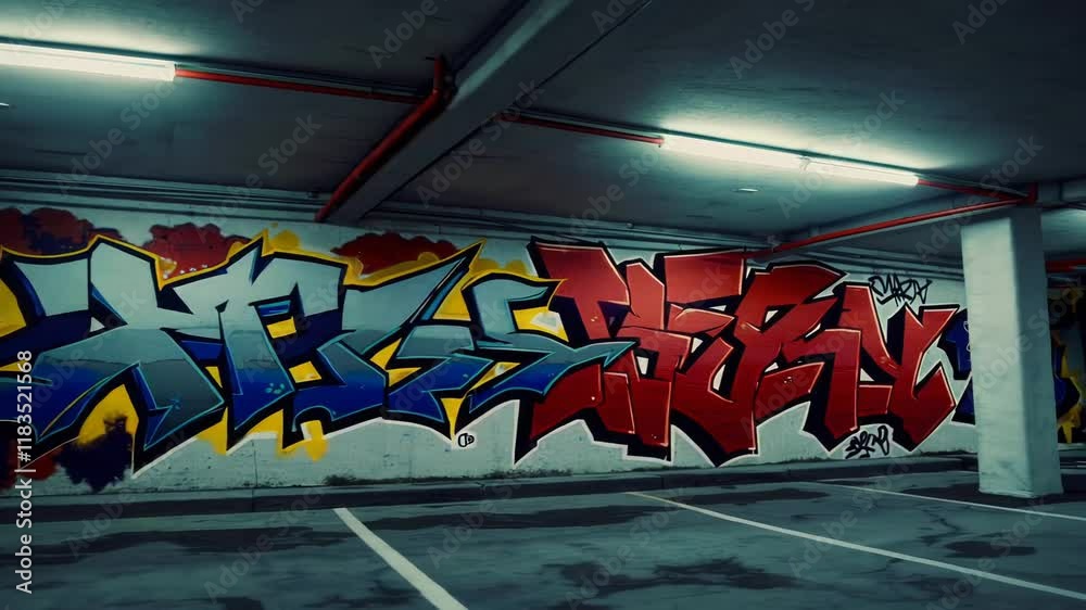 Vivid Urban Graffiti Art in Underground Parking Lot