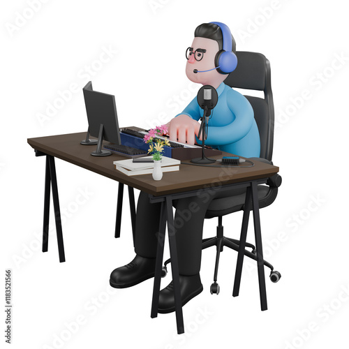 A male radio announcer sits with his hands stacked on the table