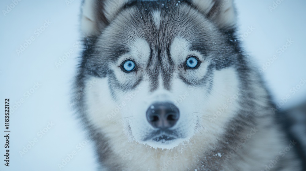 Majestic Siberian Husky with Piercing Blue Eyes in Winter Landscape Majestic Siberian Husky with Piercing Blue Eyes in Winter Landscape
