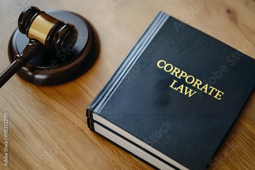 A gavel and a corporate law book on the table photo