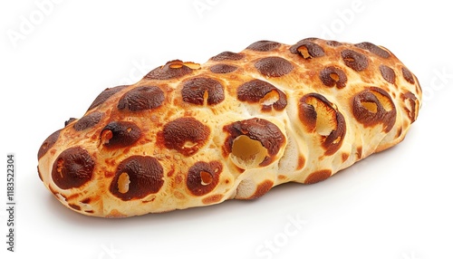 A close-up of a freshly baked loaf of bread with a unique, holey texture, isolated on a white background. photo