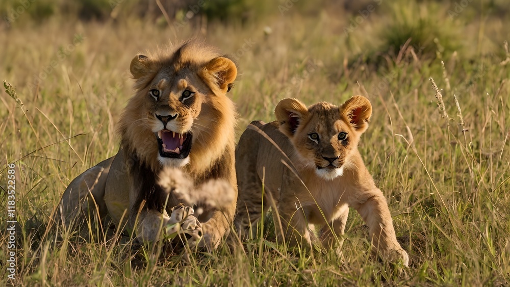 Lion cubs and their father play in the savanna Lion cubs and their father play in the savanna