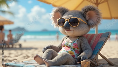 Adorable 3D Koala Enjoys Summer Beach Vacation: Relaxing on a Tropical Shore with Sunglasses and Swimsuit, Digital Illustration
