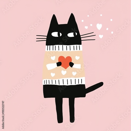 A cute, cartoon-style black cat wearing a cozy sweater holds a heart, surrounded by floating hearts on a soft pink background.
