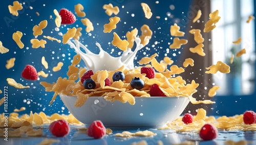 Dynamic Splash of Milk with Cornflakes, Blueberries, and Raspberries