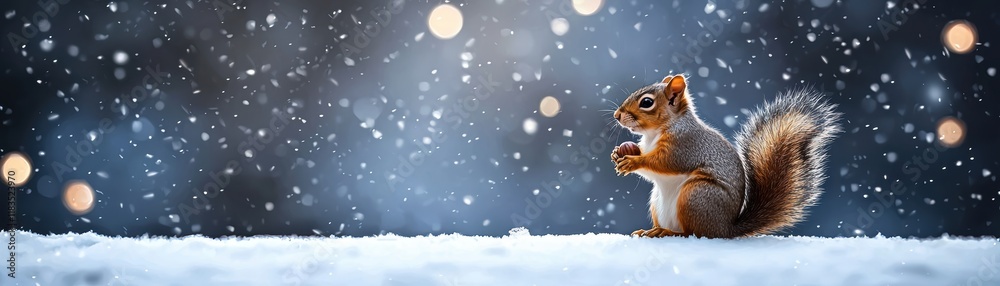 A cute squirrel stands in a snowy landscape, surrounded by falling snowflakes and soft, glowing lights in the background. A cute squirrel stands in a snowy landscape, surrounded by falling snowflakes and soft, glowing lights in the background.