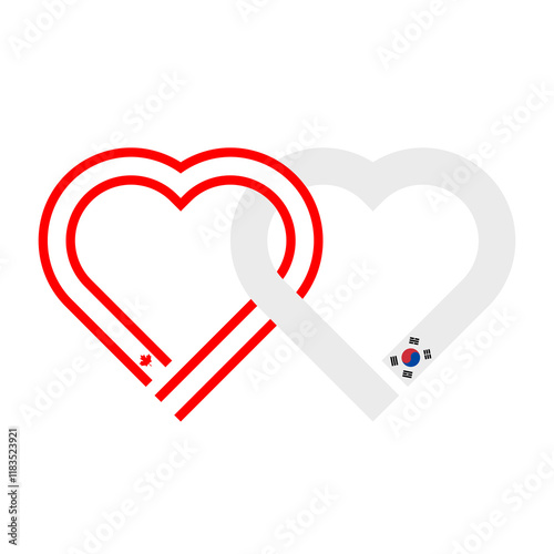 heart shaped ribbon of canada and south korea flags intertwined. vector illustration isolated on white background