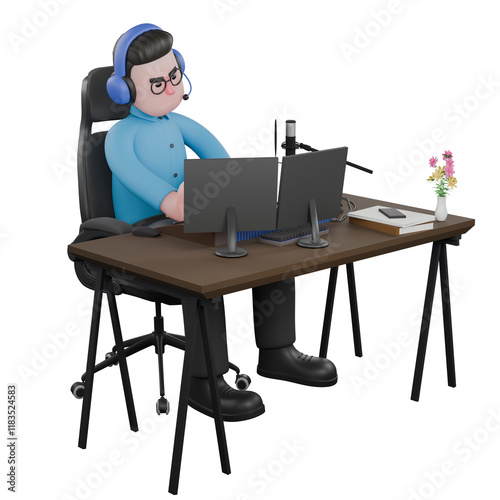 A male radio announcer sits with his hands clenched on the table