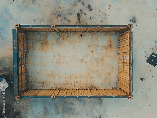 Empty shipping container aerial view, industrial site photo