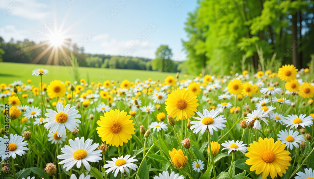Fototapeta premium Vibrant blooming flowers in a sunny meadow, nature's beauty