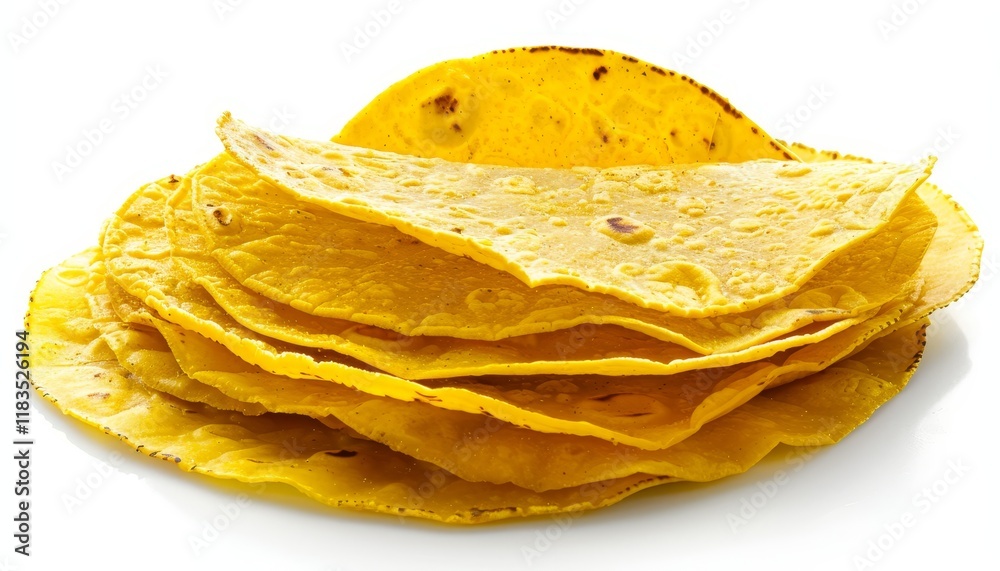 A stack of six yellow corn tortillas on a white background. A stack of six yellow corn tortillas on a white background.