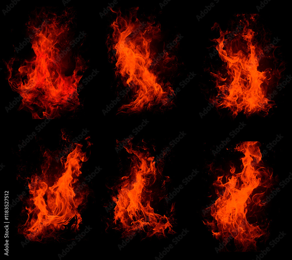 Realistic Fire isolated on black background. Fire a collection of 6 pieces Realistic Fire isolated on black background. Fire a collection of 6 pieces