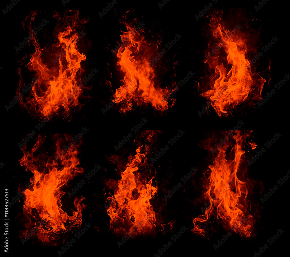 Realistic Fire isolated on black background. Fire a collection of 6 pieces Realistic Fire isolated on black background. Fire a collection of 6 pieces