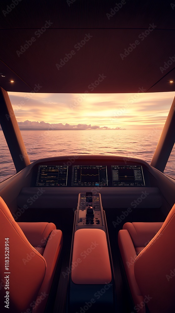Fototapeta premium Sunrise seaplane cockpit, ocean flight
