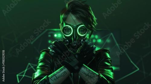 Cyberpunk Woman with Gas Mask and Glowing Eyes photo