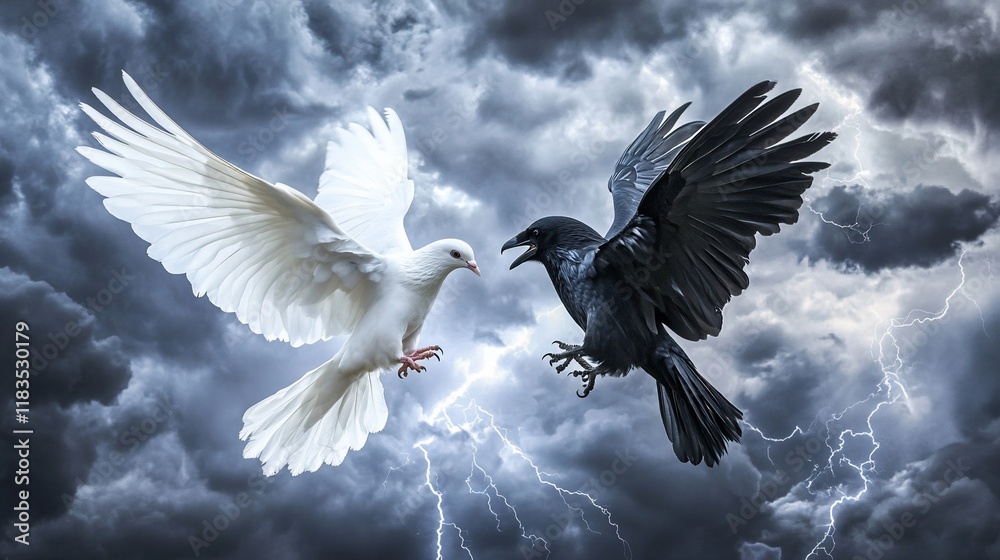 Obraz premium Opposing Forces: A Dove and a Raven Confronting a Storm