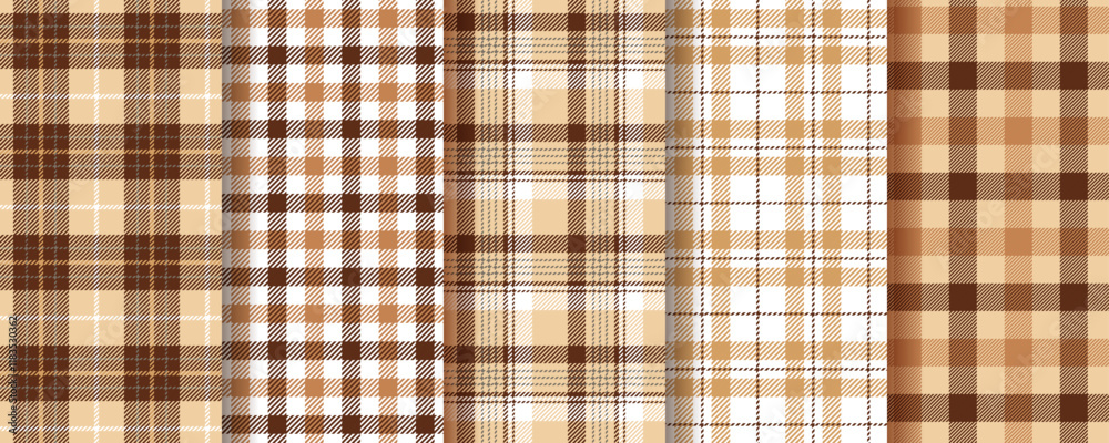 Plaid background. Tartan seamless pattern. Flannel beige brown texture. Lumberjack tablecloth. Set gingham fabrics. Vichy table cloth prints. Shirt textile. Christmas check cloth. Vector illustration