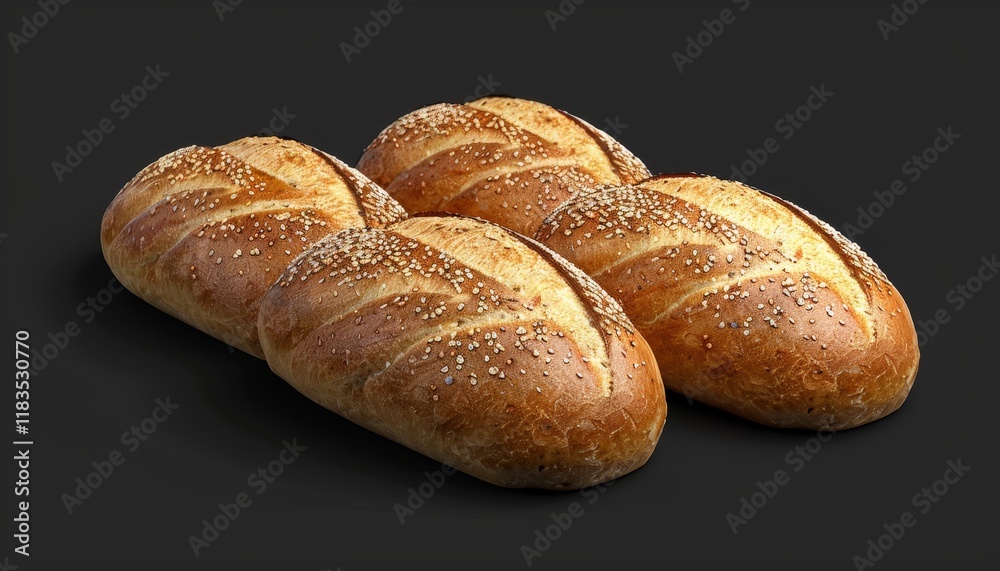 Four freshly baked loaves of bread with sesame seeds on a black background. Four freshly baked loaves of bread with sesame seeds on a black background.