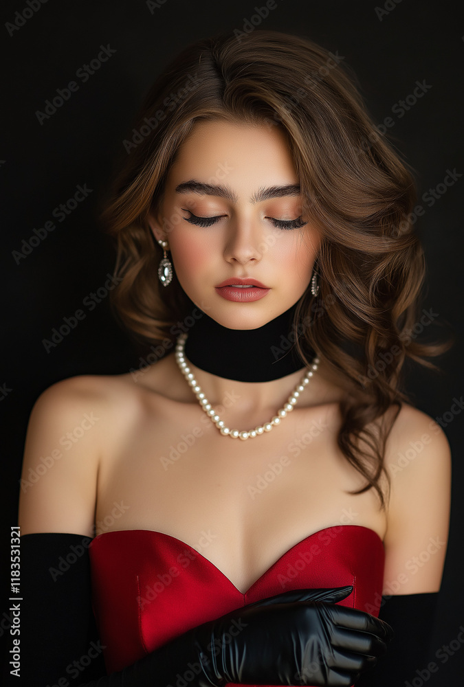 A beautiful woman with wavy brown hair, wearing a red evening dress and black gloves, a pearl necklace around her neck, and diamond earrings in her earlobes