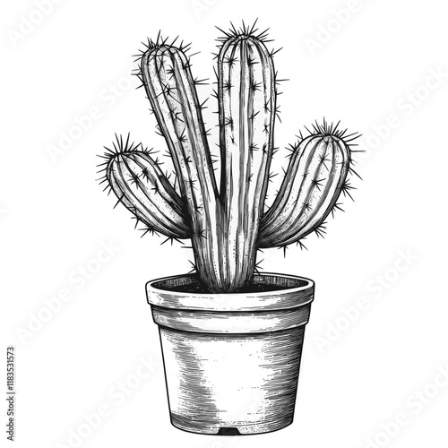 Cactus plant pot black white art vector