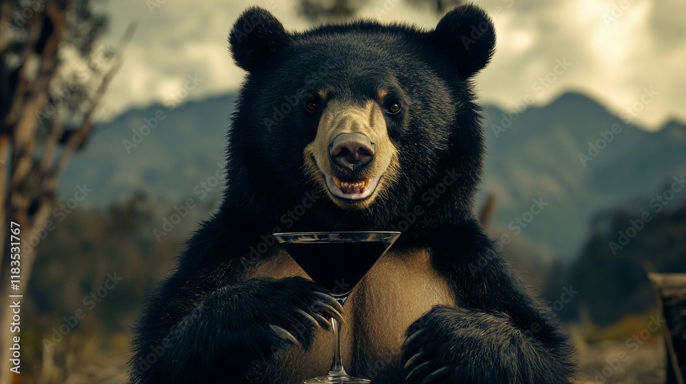 Bear Enjoying a Drink with Mountain View Bear Enjoying a Drink with Mountain View