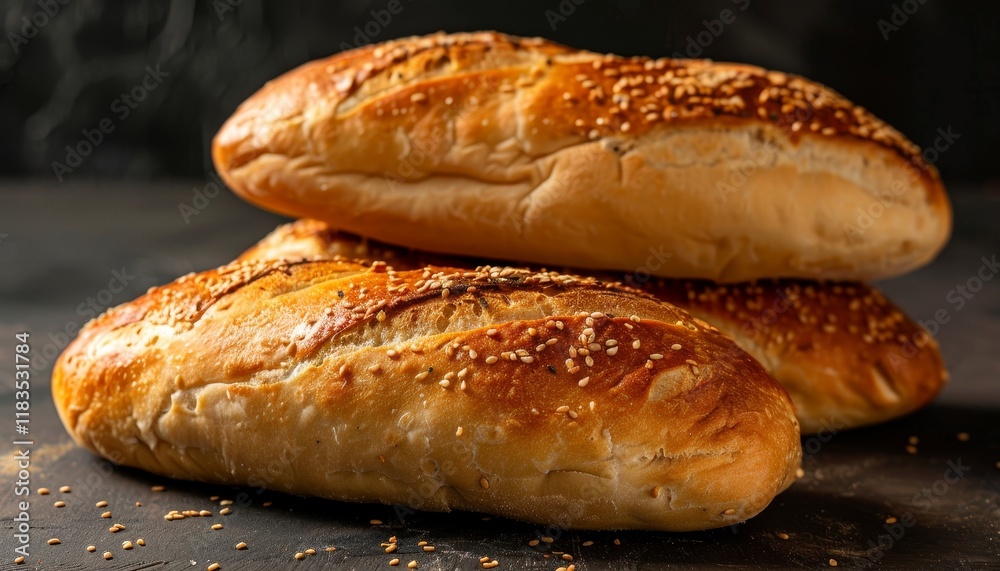 A stack of three freshly baked bread rolls with sesame seeds on a dark rustic background. A stack of three freshly baked bread rolls with sesame seeds on a dark rustic background.