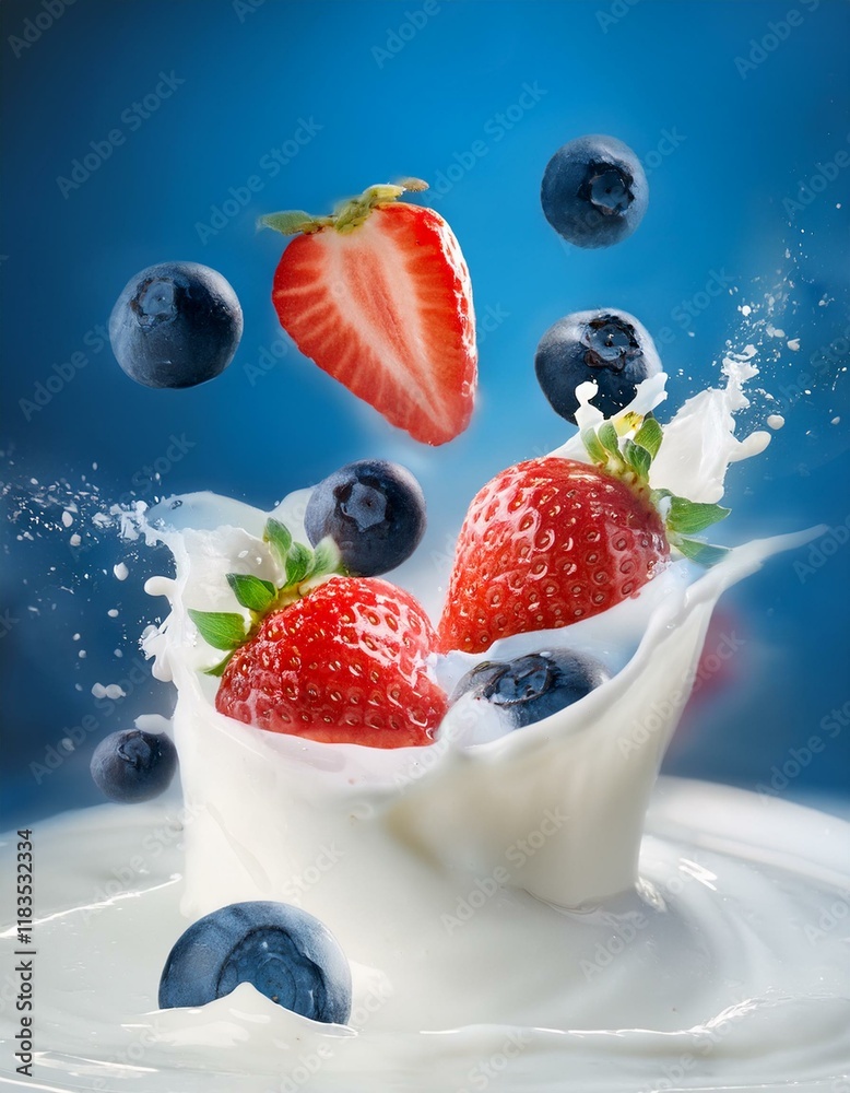 Fresh strawberries and blueberries splashing in creamy yogurt, juicy Fresh strawberries and blueberries splashing in creamy yogurt, juicy