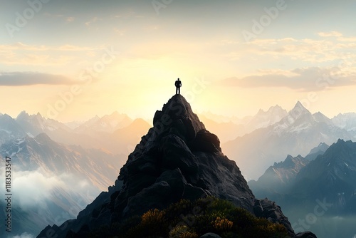 Silhouetted Business Leader Atop Dramatic Mountain Peak Soaking in Breathtaking Wilderness Landscape of Jagged Peaks Golden Sunlight and Lush Alpine Flora
