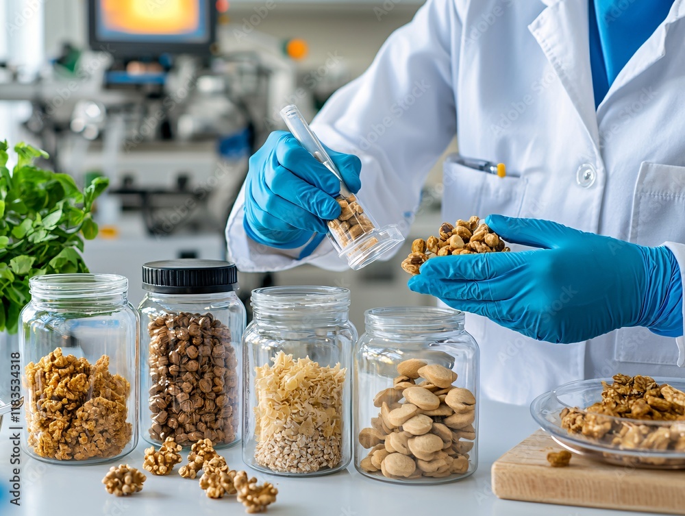 Food safety hygiene quality concept. A scientist in gloves measures nuts from jars in a laboratory setting, showcasing a focus on food science and research.