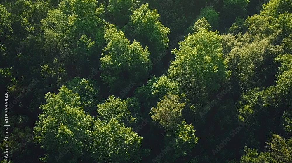 Obraz premium Aerial view of lush green forest canopy, sunlight dappling leaves, nature background, ideal for eco-tourism.