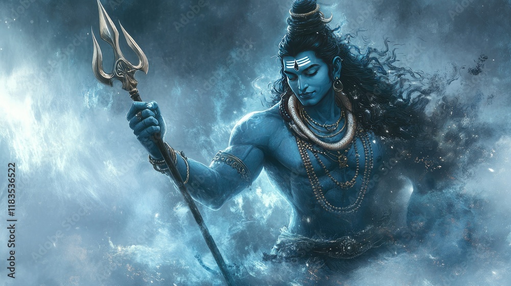 Obraz premium Lord Shiva in his divine form, trident raised, celestial energy radiating, framed against a simple background.