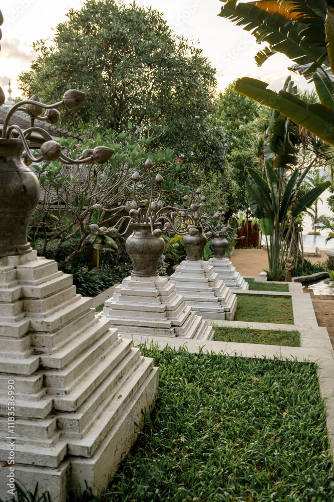 Ornamental lotus flower sculptures in tropical garden, Krabi, Thailand Ornamental lotus flower sculptures in tropical garden, Krabi, Thailand