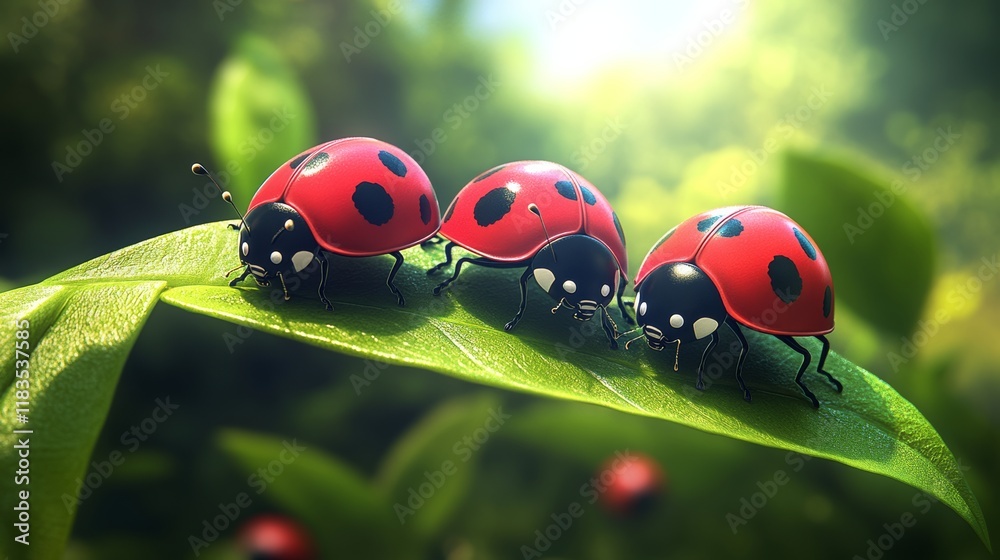 Fototapeta premium Three ladybugs are on a leaf. The ladybugs are red and black. The leaf is green