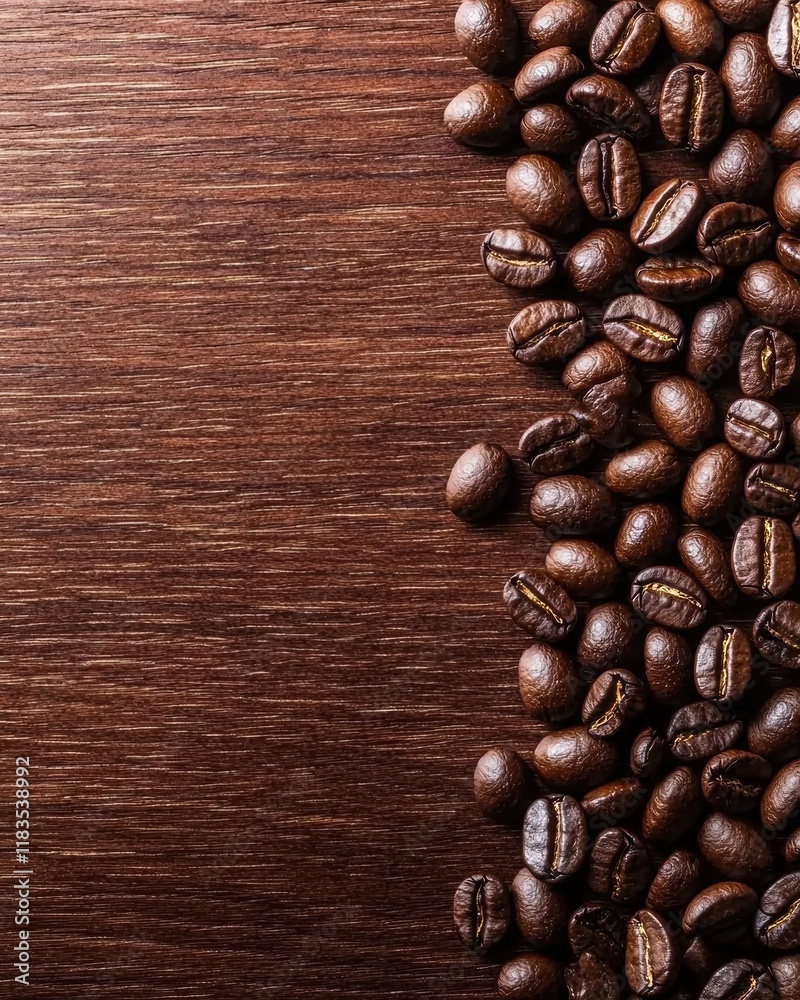 Freshly roasted coffee beans on wooden surface