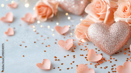 Romantic scene with rose petals, sparkling hearts, and soft lighting. Perfect for love and celebration