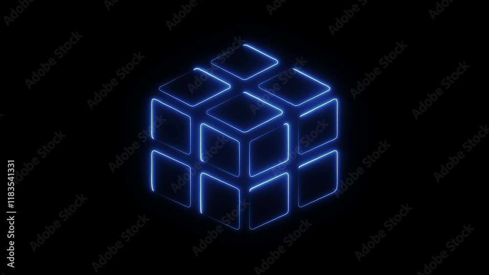 Glowing Neon Cube Icon, Futuristic Digital Design Symbol, HD Video Motion Graphic Animation on Black Background