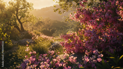 Spring Blossom Medley: Mountain Peach, Cherry, and Peach Flowers bathed in Gentle Sunlight, Embracing Nature's Beauty