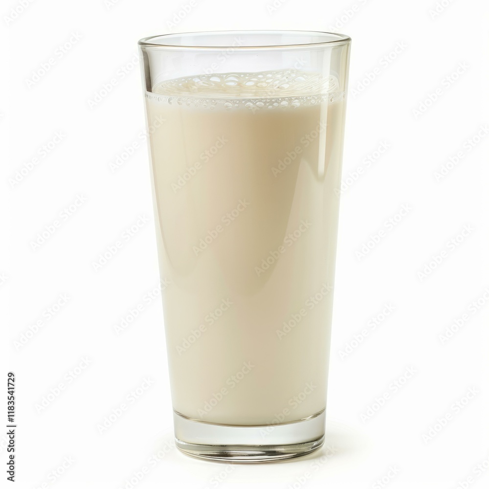 Refreshing tall glass filled with milk standing on white background Refreshing tall glass filled with milk standing on white background